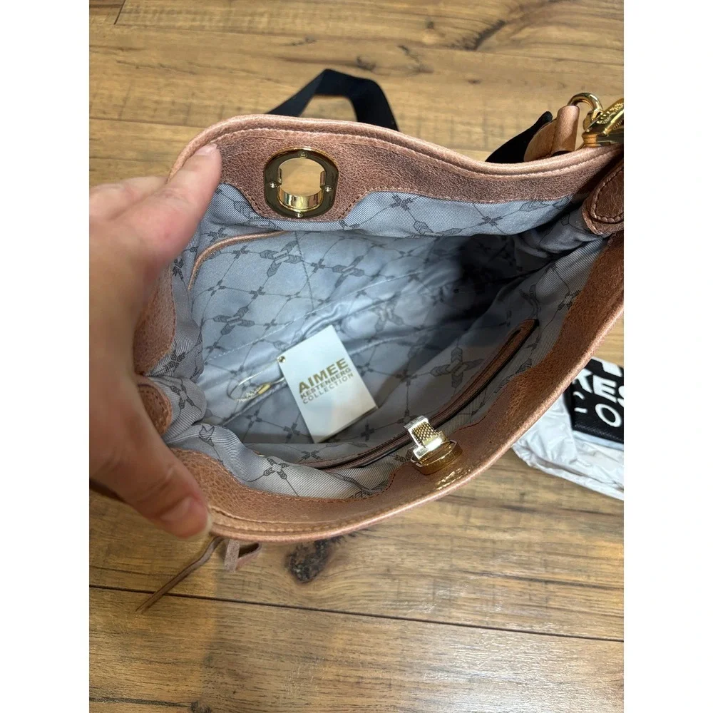 Aimee Kestenberg Tan Leather Whipstitch Crossbody Bag Gold Turn Lock Messenger